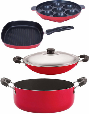 NIRLON Non-Stick Aluminium Cookware Set, 4-Pieces, Red Non-Stick Coated Cookware Set(PTFE (Non-stick), 4 - Piece)