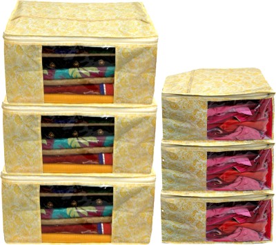 Billion Designer Leaf Design Non Woven 3 Piece Saree Cover/Cloth Wardrobe Organizer And 3 Pieces Blouse Cover Combo Set (Gold) -BILLION38446 BILLION038446(Gold)