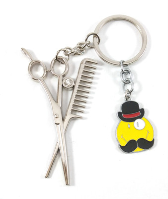 SHOKY LOOKS Mini Moustache Smiley with Scissor Comb Hairdresser Theme Silver Key Chain