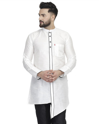 B BEN Men Solid Trail Cut Kurta(White)