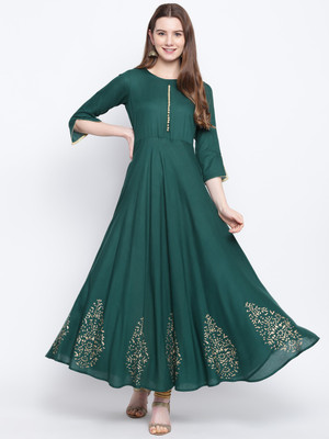 Stylum Women Printed Flared Kurta(Dark Green, Gold)