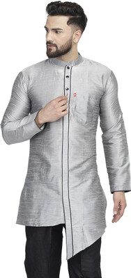B BEN Men Solid Trail Cut Kurta(Silver)