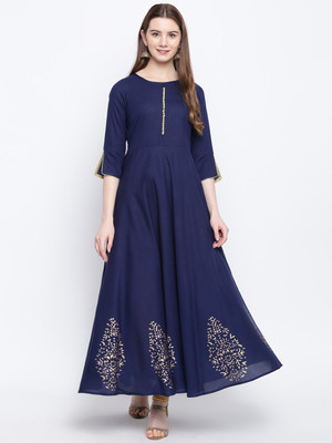 Stylum Women Printed Flared Kurta(Dark Blue, Gold)