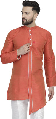 B BEN Men Solid Trail Cut Kurta(Orange)