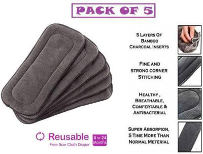 FABLITTLE Pack of 5 Wetfree Reusable Washable Cotton Diaper Nappy Inserts for Baby Cloth Diapers, 5 Layer Bamboo Charcoal Inserts Liners Natures Cloth Diaper Liner - M (5 Pieces