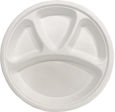 Ambassador TWI-Biodegradable Sugarcane Bagase Paper Pulp Molded Tray Round Plates 11'' Inches 4 Compartment (Eco Friendly) Pack of 2 Dinner Plate(Pack of 50, Microwave Safe)