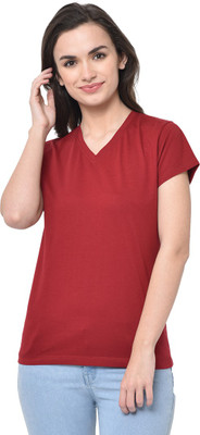 GLITO Solid Women V Neck Maroon T-Shirt