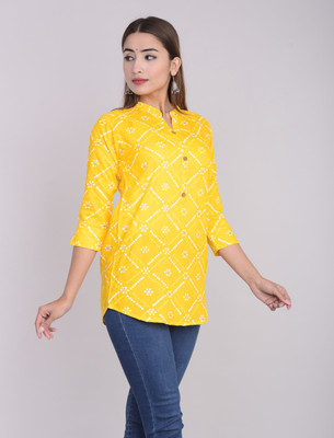 HANUMNTRA Casual 3/4 Sleeve Printed Women Yellow Top