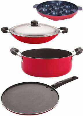 NIRLON Non-Stick PFOA Free 4 Piece Gas Compatible Cookware Utensil Item Set with Supreme Quality Non-Stick Coated Cookware Set(PTFE (Non-stick), Aluminium, 4 - Piece)