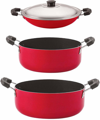 NIRLON Non-Stick Aluminium Kitchenware Set, 3-Pieces, Red Non-Stick Coated Cookware Set(PTFE (Non-stick), 3 - Piece)