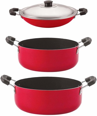 NIRLON Non-Stick Aluminium Cookware Set, 3-Pieces, Red Non-Stick Coated Cookware Set(PTFE (Non-stick), Aluminium, 3 - Piece)