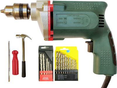 Inditrust Heavy Duty 10mm Electric Drill Machine with 13pc hss 5pc Masonry bit 1pc Claw hammer 1pc Srewdriver (Pack of 5) Power & Hand Tool Kit(5 Tools)