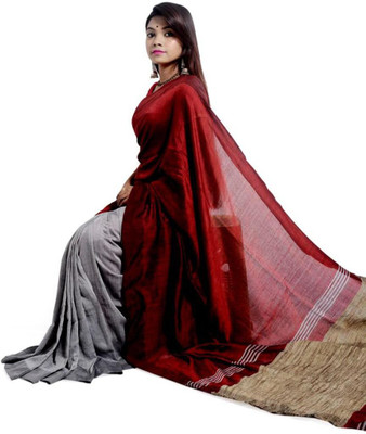 sourav biswas Self Design Handloom Viscose Rayon, Pure Cotton Saree(Red)
