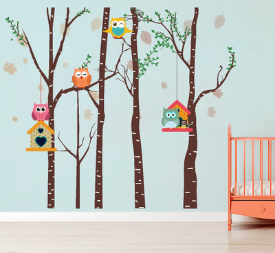 VCREATE DECOR 58 cm Tree with owl Removable Sticker(Pack of 1)
