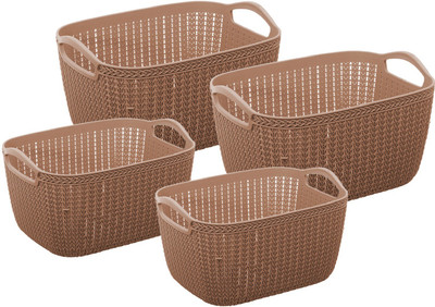 KUBER INDUSTRIES Plastic Unbreakable Plastic 4 Pieces Multipurpose Large And Medium Size Flexible Storage Baskets / Fruit Vegetable Bathroom Stationary Home Basket with Handles (Brown) -CTKTC39364 Storage Basket(Pack of 4)