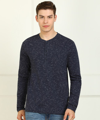 Billion Self Design Men Henley Neck Dark Blue T-Shirt