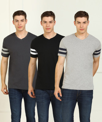 Billion Solid Men V Neck Black, Grey T-Shirt(Pack of 3)