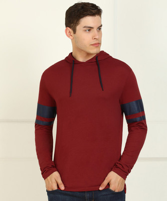 Billion Color Block Men Hooded Neck Maroon, Dark Blue T-Shirt