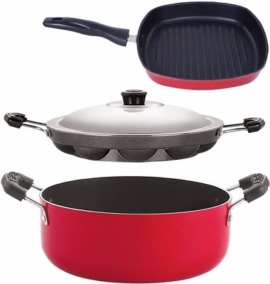 NIRLON Non-Stick Odor Free 3 Piece Gas Compatible Cookware Combo Set Offer with Bakelite Handle, Red and Black Color Non-Stick Coated Cookware Set(PTFE (Non-stick), Aluminium, 4 - Piece)
