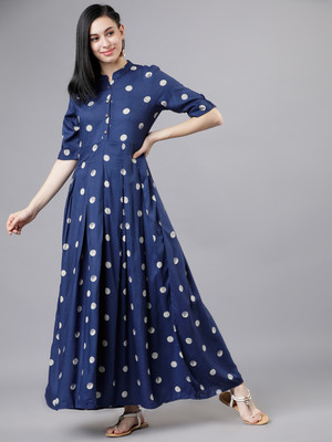 Vishudh Women Fit and Flare Dark Blue Maxi/Full Length Dress