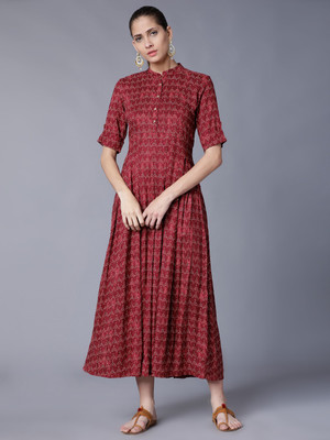 Vishudh Women A-line Maroon Maxi/Full Length Dress