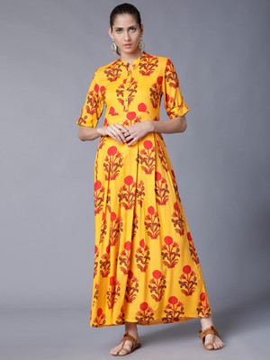 Vishudh Women Fit and Flare Yellow Midi/Calf Length Dress