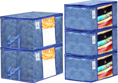 Billion Designer Laheriya Printed Non Woven 3 Pieces Saree Cover And 2 Pieces Underbed Storage Bag, Cloth Organizer For Storage, Blanket Cover Combo Set (Blue) -38682 038682(White, Blue)