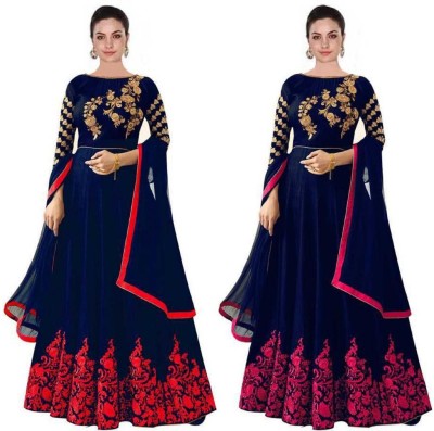 Mohnish Fashion Anarkali Gown(Blue, Pink)