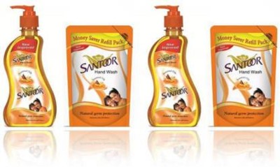 Santoor tulsi 2 pouch + 2 pump pack of 4 Hand Wash Pump + Refill(4 x 187.5 ml)