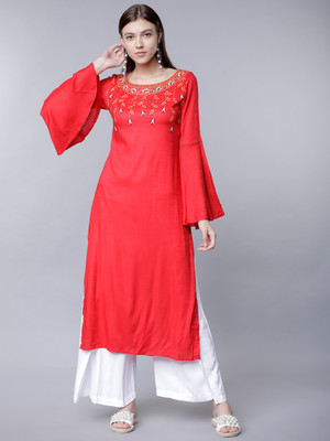 Vishudh Women Embroidered Straight Kurta(Red)