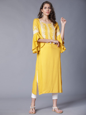 Vishudh Women Printed Straight Kurta(Yellow)
