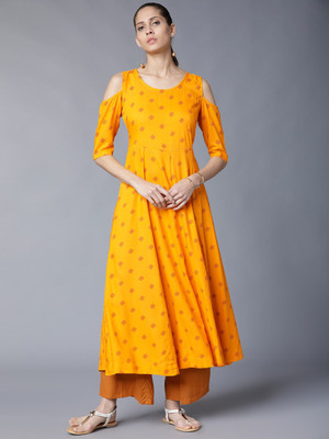 Vishudh Women Printed Flared Kurta(Yellow)