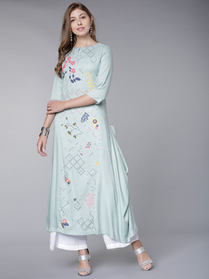 Vishudh Women Printed Asymmetric Kurta(Grey)