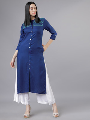 Vishudh Women Embroidered Straight Kurta(Blue)