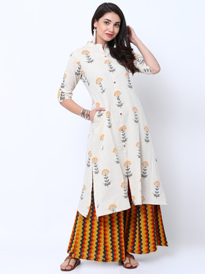 Vishudh Women Floral Print Frontslit Kurta(Beige)