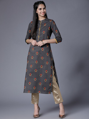 Vishudh Women Printed Straight Kurta(Grey)
