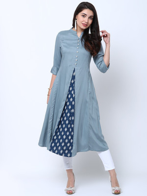 Vishudh Women Printed A-line Kurta(Light Blue, White, Blue)