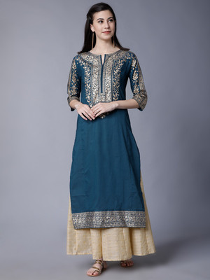 Vishudh Women Solid Straight Kurta(Gold, Blue)