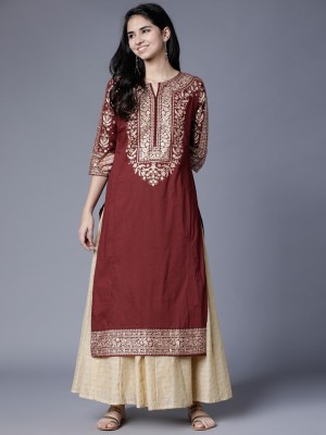 Vishudh Women Embellished Straight Kurta(Gold, Maroon)