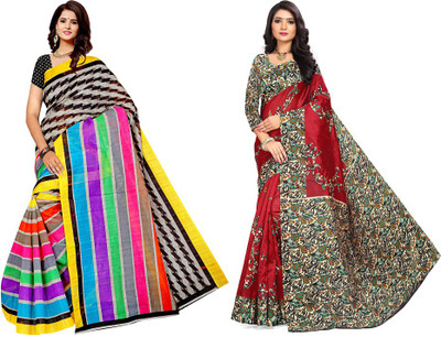 Grubstaker Printed Bollywood Silk Blend Saree(Pack of 2, Multicolor)