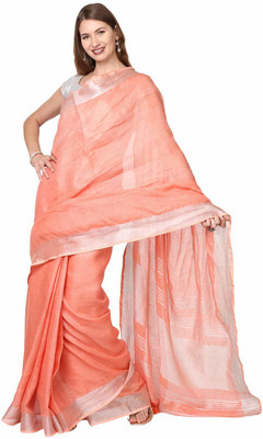 STB-SILK TEXTILES BHAGALPUR Solid/Plain Bhagalpuri Linen Saree(Orange)