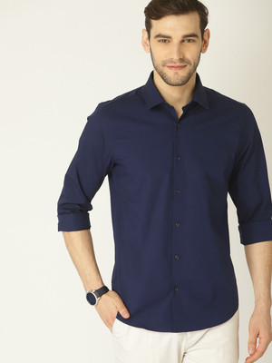 Wulfians Men Solid Casual Blue Shirt