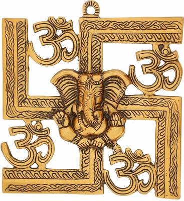 Aaradhy Creations Brass Swastik Ganesh / Swastik Om Ganesh / Brass Ganesh Statue / Religious Idol / Wall Hanging Ganesh / Home Decor Show piece Gifts / Wall Sculpture / Modern Wall Art / Home / Office / Café Décor / Home Accent / Wall Decor / Room Décor / Showpiece / Ganesha Figurine Decorative Showpiece  -  23 cm  (Metal, Gold)