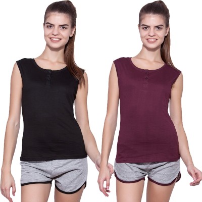 Ap'pulse Solid Women Henley Neck Maroon, Black T-Shirt