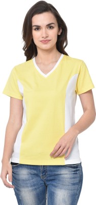 GLITO Striped Women V Neck Yellow T-Shirt