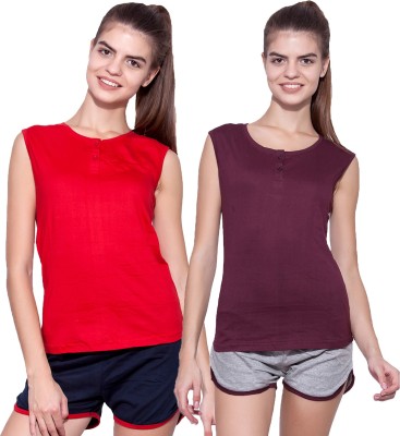 Ap'pulse Solid Women Henley Neck Red, Maroon T-Shirt