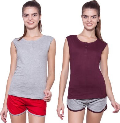 Ap'pulse Solid Women Henley Neck Maroon, Grey T-Shirt