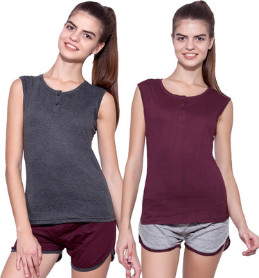 Ap'pulse Solid Women Henley Neck Maroon, Grey T-Shirt