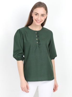 YAANVI Casual Balloon Sleeve Solid Women Green Top