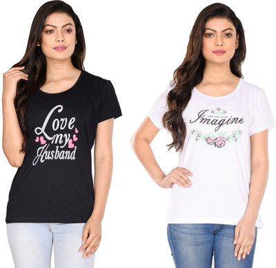 StyleAone Casual Short Sleeve Printed Women White, Black Top